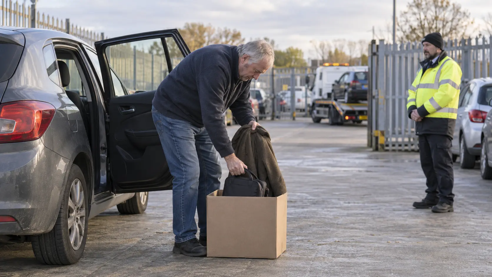 A vehicle owner collecting personal belongings from an impounded car