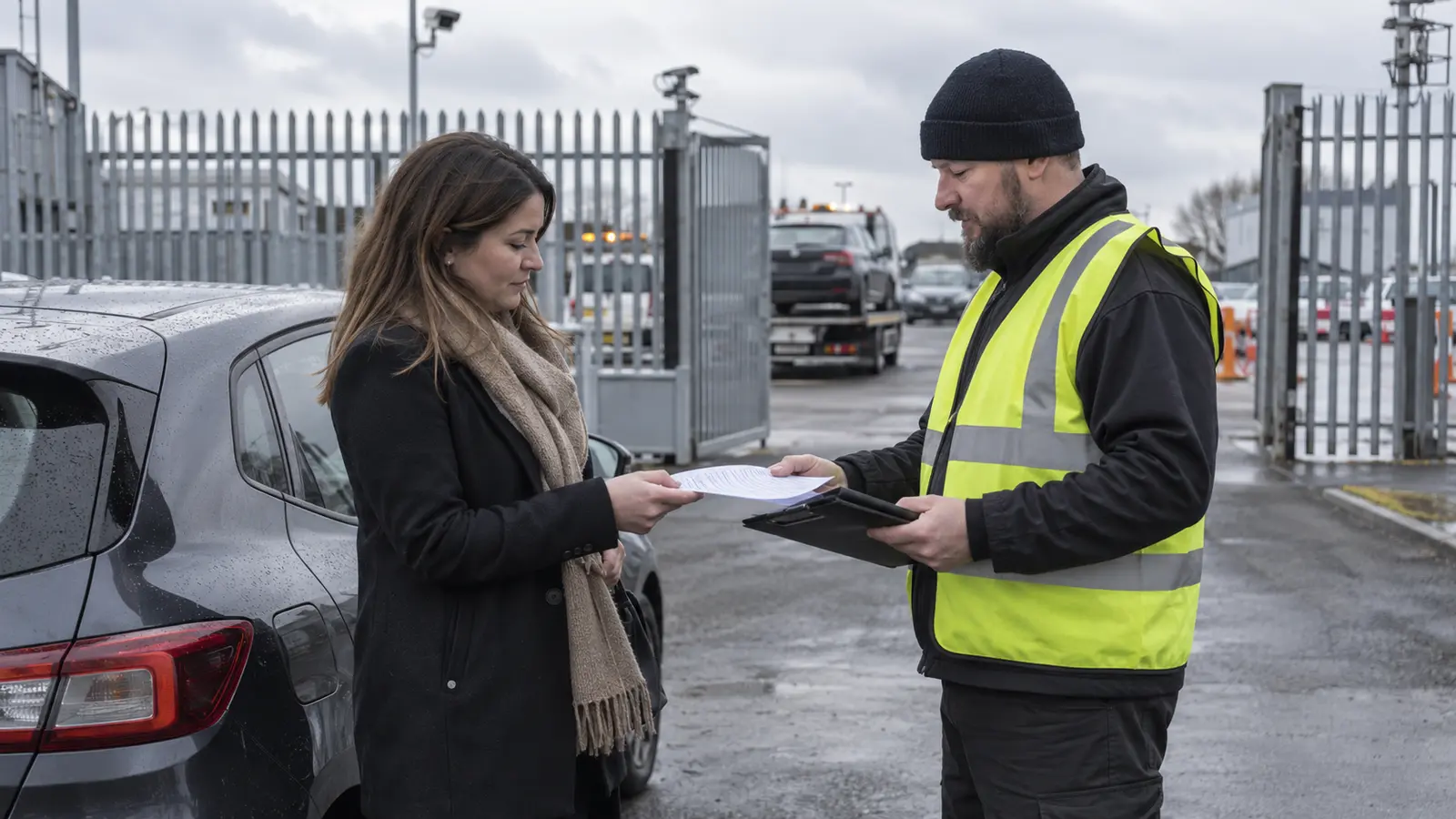 A vehicle owner presenting documents at a recovery compound
